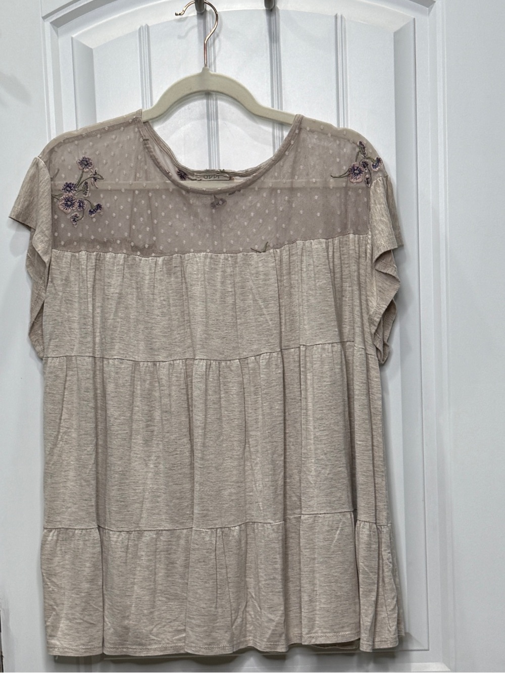 ODDY Women’s Size M Embroidered Swiss Dot & Mesh Tiered Babydoll Tunic Top EUC